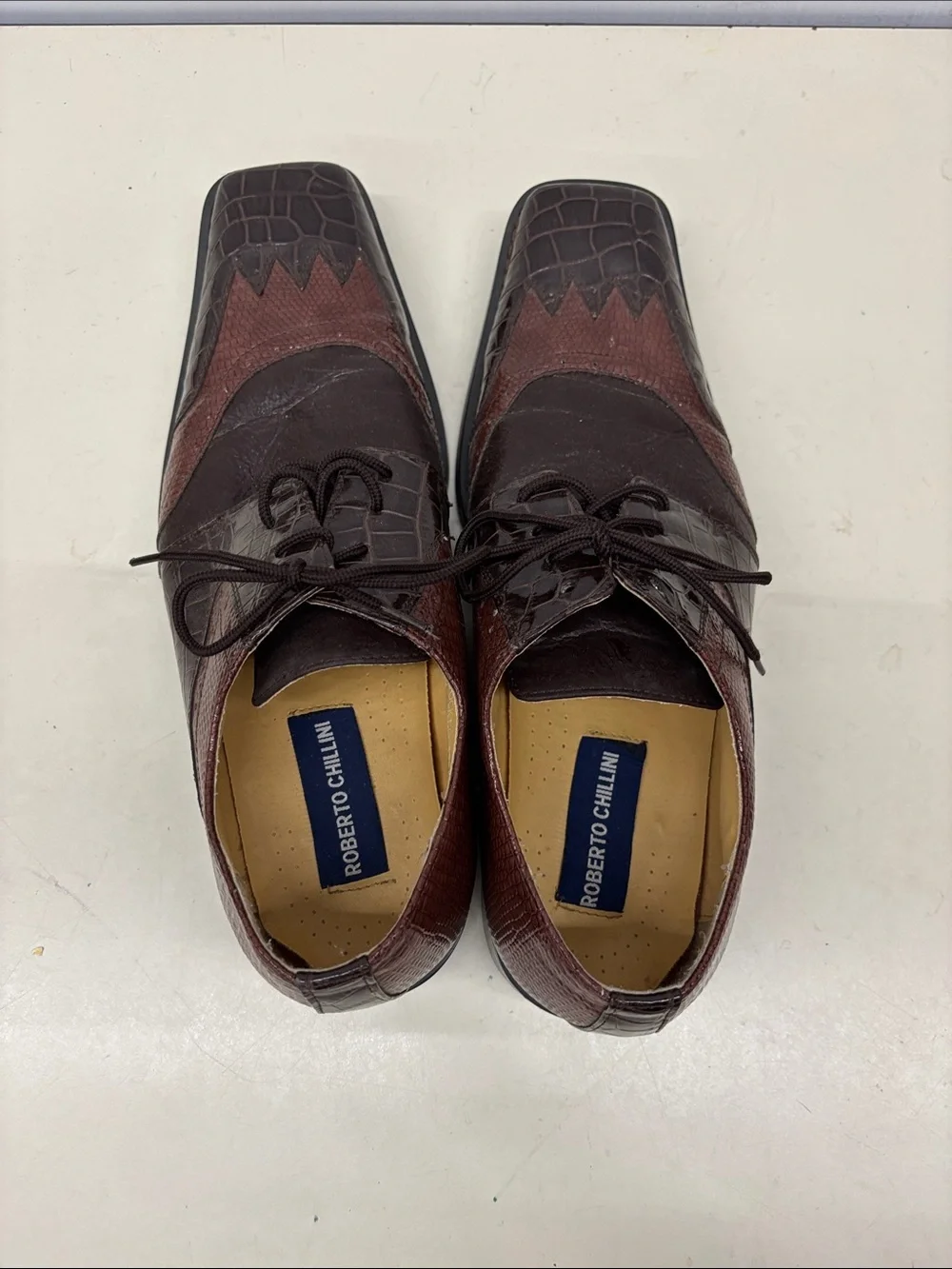 Roberto Chillini Men's Two-Tone Brown Croc-Embossed Leather Lace-Up Oxfords